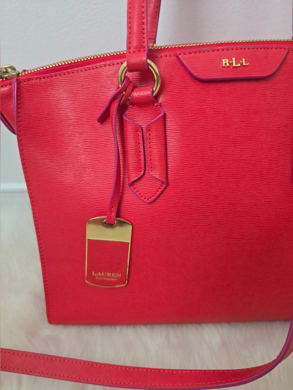 Lauren Ralph Lauren Leather Satchel Crossbody Coral Red Gold Hardware - Picture 2 of 11